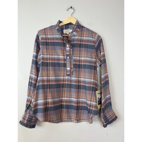 NWT Birds of Paradis By Trovata Ruffle Breezy Blouse Eclipse Plaid Button Down - Picture 2 of 7
